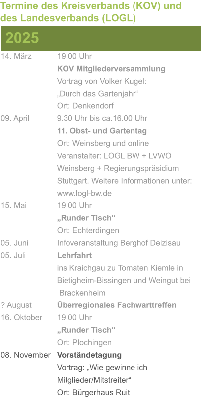 14. März		19:00 Uhr KOV Mitgliederversammlung			Vortrag von Volker Kugel:			„Durch das Gartenjahr“ Ort: Denkendorf 09. April		9.30 Uhr bis ca.16.00 Uhr 11. Obst- und Gartentag Ort: Weinsberg und online Veranstalter: LOGL BW + LVWO Weinsberg + Regierungspräsidium Stuttgart. Weitere Informationen unter: www.logl-bw.de 15. Mai		19:00 Uhr „Runder Tisch“  Ort: Echterdingen 05. Juni		Infoveranstaltung Berghof Deizisau 05. Juli		Lehrfahrt									ins Kraichgau zu Tomaten Kiemle in 				Bietigheim-Bissingen und Weingut bei			 Brackenheim ? August		Überregionales Fachwarttreffen 16. Oktober	19:00 Uhr „Runder Tisch“ Ort: Plochingen 08. November	Vorständetagung							Vortrag: „Wie gewinne ich 						Mitglieder/Mitstreiter“  Ort: Bürgerhaus Ruit 2025 Termine des Kreisverbands (KOV) und des Landesverbands (LOGL)