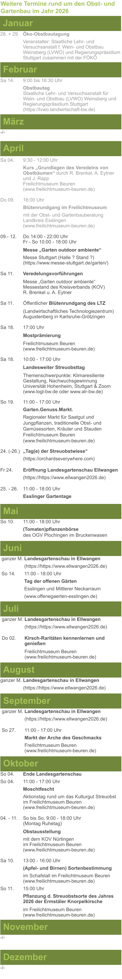 Weitere Termine rund um den Obst- und Gartenbau im Jahr 2026 Januar 28. + 29.	Öko-Obstbautagung Veranstalter: Staatliche Lehr- und Versuchsanstalt f. Wein- und Obstbau Weinsberg (LVWO) und Regierungspräsidium Stuttgart zusammen mit der FÖKÖ  Februar Sa 14. 	9:00 bis 16:30 Uhr Obstbautag	 Staatliche Lehr- und Versuchsanstalt für Wein- und Obstbau (LVWO) Weinsberg und Regierungspräsidium Stuttgart   (https://lvwo.landwirtschaft-bw.de) März -/- April Sa 04.	9:30 - 12:00 Uhr Kurs „Grundlagen des Veredelns von 		Obstbäumen“ durch R. Brenkel, A. Eytner	und J. Rapp Freilichtmuseum Beuren					(www.freilichtmuseum-beuren.de)  Do 09.  	16:00 Uhr Blütenrundgang im Freilichtmuseum mit der Obst- und Gartenbauberatung Landkreis Esslingen	 (www.freilichtmuseum-beuren.de)  09.- 12. 	Do 14:00 - 22:00 Uhr Fr - So 10:00 - 18:00 Uhr  Messe „Garten outdoor ambiente“ Messe Stuttgart (Halle ? Stand ?)			(https://www.messe-stuttgart.de/garten/)  Sa 11.  	Veredelungsvorführungen  Messe „Garten outdoor ambiente“ Messestand des Kreisverbands (KOV) R. Brenkel u. A. Eytner  Sa 11.	Öffentlicher Blütenrundgang des LTZ   		(Landwirtschaftliches Technologiezentrum)			Augustenberg in Karlsruhe-Grötzingen  Sa 18.	17:00 Uhr  Mostprämierung  Freilichtmuseum Beuren (www.freilichtmuseum-beuren.de) Sa 18.	10:00 - 17:00 Uhr  Landesweiter Streuobsttag  Themenschwerpunkte: Klimaresiliente Gestaltung, Nachwuchsgewinnung Universität Hohenheim, Stuttgart & Zoom (www.logl-bw.de oder www.alr-bw.de) So 19.	11:00 - 17:00 Uhr Garten.Genuss.Markt. Regionaler Markt für Saatgut und Jungpflanzen, traditionelle Obst- und Gemüsesorten, Kräuter und StaudenFreilichtmuseum Beuren(www.freilichtmuseum-beuren.de) 24. (-26.)	„Tag(e) der Streuobstwiese“ (https://orchardseverywhere.com)  Fr 24.	Eröffnung Landesgartenschau Ellwangen (https://https://www.ellwangen2026.de)  25. - 26. 	11:00 - 18:00 Uhr Esslinger Gartentage   Mai So 10.	11:00 - 18:00 Uhr (Tomaten)pflanzenbörse				des OGV Plochingen im Bruckenwasen   Juni ganzer M. Landesgartenschau in Ellwangen (https://https://www.ellwangen2026.de) So 14. 	11:00 - 18:00 Uhr Tag der offenen Gärten Esslingen und Mittlerer Neckarraum (www.offenegaerten-esslingen.de)   Juli ganzer M. Landesgartenschau in Ellwangen (https://https://www.ellwangen2026.de)  Do 02.	Kirsch-Raritäten kennenlernen und 			genießen  Freilichtmuseum Beuren (www.freilichtmuseum-beuren.de)    August ganzer M. Landesgartenschau in Ellwangen (https://https://www.ellwangen2026.de)  So 27.	11:00 - 17:00 Uhr Markt der Arche des Geschmacks Freilichtmuseum Beuren (www.freilichtmuseum-beuren.de)   September ganzer M. Landesgartenschau in Ellwangen (https://https://www.ellwangen2026.de)  Oktober So 04.	Ende Landesgartenschau So 04. 	11:00 - 17:00 Uhr Moschtfescht Aktionstag rund um das Kulturgut Streuobst im Freilichtmuseum Beuren (www.freilichtmuseum-beuren.de) 04. - 11. 	So bis So, 9:00 - 18:00 Uhr (Montag Ruhetag)  Obstausstellung mit dem KOV Nürtingen					im Freilichtmuseum Beuren (www.freilichtmuseum-beuren.de)  Sa 10.	13:00 - 16:00 Uhr (Apfel- und Birnen) Sortenbestimmung im Schafstall im Freilichtmuseum Beuren  (www.freilichtmuseum-beuren.de) So 11.	15:00 Uhr Pflanzung d. Streuobstsorte des Jahres 2026 der Ermstäler Knorpelkirsche  im Freilichtmuseum Beuren				(www.freilichtmuseum-beuren.de)    November Dezember -/- -/-
