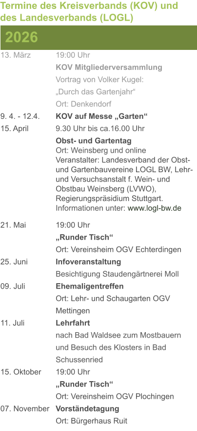 13. März		19:00 Uhr KOV Mitgliederversammlung			Vortrag von Volker Kugel:			„Durch das Gartenjahr“ Ort: Denkendorf 9. 4. - 12.4. 	KOV auf Messe „Garten“ 15. April	 	9.30 Uhr bis ca.16.00 Uhr Obst- und GartentagOrt: Weinsberg und onlineVeranstalter: Landesverband der Obst- und Gartenbauvereine LOGL BW, Lehr- und Versuchsanstalt f. Wein- und Obstbau Weinsberg (LVWO), Regierungspräsidium Stuttgart.Informationen unter: www.logl-bw.de 21. Mai		19:00 Uhr „Runder Tisch“  Ort: Vereinsheim OGV Echterdingen 25. Juni	 	Infoveranstaltung							Besichtigung Staudengärtnerei Moll 09. Juli		Ehemaligentreffen Ort: Lehr- und Schaugarten OGV Mettingen 11. Juli	 	Lehrfahrt									nach Bad Waldsee zum Mostbauern 				und Besuch des Klosters in Bad 				Schussenried  15. Oktober	19:00 Uhr „Runder Tisch“ Ort: Vereinsheim OGV Plochingen 07. November	Vorständetagung Ort: Bürgerhaus Ruit  2026 Termine des Kreisverbands (KOV) und des Landesverbands (LOGL)