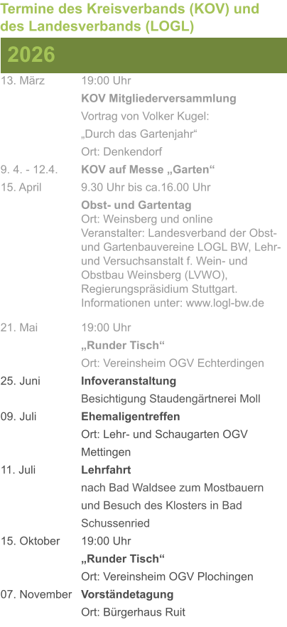 13. März		19:00 Uhr KOV Mitgliederversammlung			Vortrag von Volker Kugel:			„Durch das Gartenjahr“ Ort: Denkendorf 9. 4. - 12.4. 	KOV auf Messe „Garten“ 15. April	 	9.30 Uhr bis ca.16.00 Uhr Obst- und GartentagOrt: Weinsberg und onlineVeranstalter: Landesverband der Obst- und Gartenbauvereine LOGL BW, Lehr- und Versuchsanstalt f. Wein- und Obstbau Weinsberg (LVWO), Regierungspräsidium Stuttgart.Informationen unter: www.logl-bw.de 21. Mai		19:00 Uhr „Runder Tisch“  Ort: Vereinsheim OGV Echterdingen 25. Juni	 	Infoveranstaltung							Besichtigung Staudengärtnerei Moll 09. Juli		Ehemaligentreffen Ort: Lehr- und Schaugarten OGV Mettingen 11. Juli	 	Lehrfahrt									nach Bad Waldsee zum Mostbauern 				und Besuch des Klosters in Bad 				Schussenried  15. Oktober	19:00 Uhr „Runder Tisch“ Ort: Vereinsheim OGV Plochingen 07. November	Vorständetagung Ort: Bürgerhaus Ruit  2026 Termine des Kreisverbands (KOV) und des Landesverbands (LOGL)