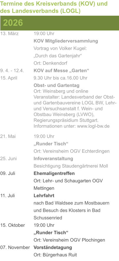 13. März		19:00 Uhr KOV Mitgliederversammlung			Vortrag von Volker Kugel:			„Durch das Gartenjahr“ Ort: Denkendorf 9. 4. - 12.4. 	KOV auf Messe „Garten“ 15. April	 	9.30 Uhr bis ca.16.00 Uhr Obst- und GartentagOrt: Weinsberg und onlineVeranstalter: Landesverband der Obst- und Gartenbauvereine LOGL BW, Lehr- und Versuchsanstalt f. Wein- und Obstbau Weinsberg (LVWO), Regierungspräsidium Stuttgart.Informationen unter: www.logl-bw.de 21. Mai		19:00 Uhr „Runder Tisch“  Ort: Vereinsheim OGV Echterdingen 25. Juni	 	Infoveranstaltung							Besichtigung Staudengärtnerei Moll 09. Juli		Ehemaligentreffen Ort: Lehr- und Schaugarten OGV Mettingen 11. Juli	 	Lehrfahrt									nach Bad Waldsee zum Mostbauern 				und Besuch des Klosters in Bad 				Schussenried  15. Oktober	19:00 Uhr „Runder Tisch“ Ort: Vereinsheim OGV Plochingen 07. November	Vorständetagung Ort: Bürgerhaus Ruit  2026 Termine des Kreisverbands (KOV) und des Landesverbands (LOGL)