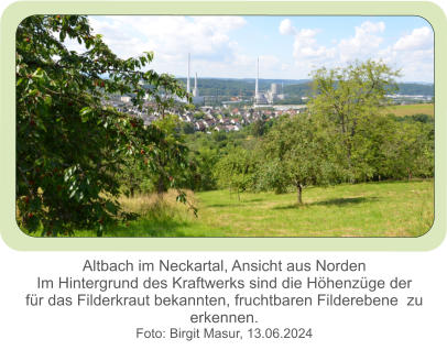 Altbach im Neckartal, Ansicht aus Norden Im Hintergrund des Kraftwerks sind die Höhenzüge der für das Filderkraut bekannten, fruchtbaren Filderebene  zu erkennen. Foto: Birgit Masur, 13.06.2024