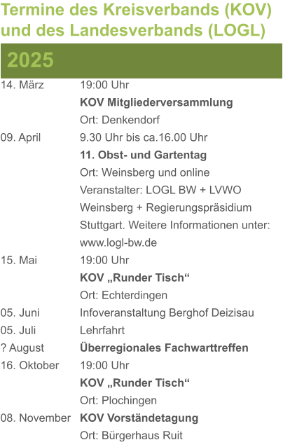 2025 Termine des Kreisverbands (KOV) und des Landesverbands (LOGL) 14. März		19:00 Uhr KOV Mitgliederversammlung Ort: Denkendorf 09. April		9.30 Uhr bis ca.16.00 Uhr 11. Obst- und Gartentag Ort: Weinsberg und online Veranstalter: LOGL BW + LVWO Weinsberg + Regierungspräsidium Stuttgart. Weitere Informationen unter: www.logl-bw.de 15. Mai		19:00 Uhr KOV „Runder Tisch“  Ort: Echterdingen 05. Juni		Infoveranstaltung Berghof Deizisau 05. Juli		Lehrfahrt ? August		Überregionales Fachwarttreffen 16. Oktober	19:00 Uhr KOV „Runder Tisch“ Ort: Plochingen 08. November	KOV Vorständetagung Ort: Bürgerhaus Ruit