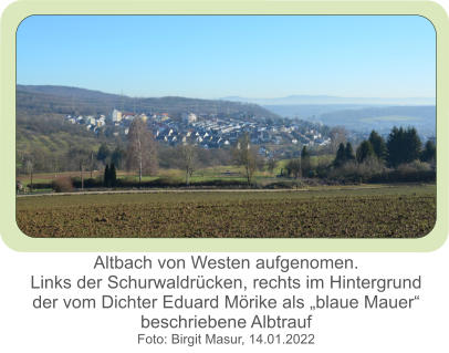 Altbach von Westen aufgenomen.Links der Schurwaldrücken, rechts im Hintergrund der vom Dichter Eduard Mörike als „blaue Mauer“ beschriebene Albtrauf  Foto: Birgit Masur, 14.01.2022