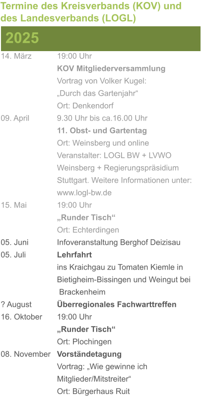 14. März		19:00 Uhr KOV Mitgliederversammlung			Vortrag von Volker Kugel:			„Durch das Gartenjahr“ Ort: Denkendorf 09. April		9.30 Uhr bis ca.16.00 Uhr 11. Obst- und Gartentag Ort: Weinsberg und online Veranstalter: LOGL BW + LVWO Weinsberg + Regierungspräsidium Stuttgart. Weitere Informationen unter: www.logl-bw.de 15. Mai		19:00 Uhr „Runder Tisch“  Ort: Echterdingen 05. Juni		Infoveranstaltung Berghof Deizisau 05. Juli		Lehrfahrt									ins Kraichgau zu Tomaten Kiemle in 				Bietigheim-Bissingen und Weingut bei			 Brackenheim ? August		Überregionales Fachwarttreffen 16. Oktober	19:00 Uhr „Runder Tisch“ Ort: Plochingen 08. November	Vorständetagung							Vortrag: „Wie gewinne ich 						Mitglieder/Mitstreiter“  Ort: Bürgerhaus Ruit 2025 Termine des Kreisverbands (KOV) und des Landesverbands (LOGL)