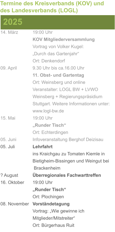 14. März		19:00 Uhr KOV Mitgliederversammlung			Vortrag von Volker Kugel:			„Durch das Gartenjahr“ Ort: Denkendorf 09. April		9.30 Uhr bis ca.16.00 Uhr 11. Obst- und Gartentag Ort: Weinsberg und online Veranstalter: LOGL BW + LVWO Weinsberg + Regierungspräsidium Stuttgart. Weitere Informationen unter: www.logl-bw.de 15. Mai		19:00 Uhr „Runder Tisch“  Ort: Echterdingen 05. Juni		Infoveranstaltung Berghof Deizisau 05. Juli		Lehrfahrt									ins Kraichgau zu Tomaten Kiemle in 				Bietigheim-Bissingen und Weingut bei			 Brackenheim ? August		Überregionales Fachwarttreffen 16. Oktober	19:00 Uhr „Runder Tisch“ Ort: Plochingen 08. November	Vorständetagung							Vortrag: „Wie gewinne ich 						Mitglieder/Mitstreiter“  Ort: Bürgerhaus Ruit 2025 Termine des Kreisverbands (KOV) und des Landesverbands (LOGL)