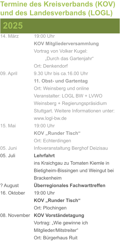 2025 Termine des Kreisverbands (KOV) und des Landesverbands (LOGL) 14. März		19:00 Uhr KOV Mitgliederversammlung		  Vortrag von Volker Kugel:			„Durch das Gartenjahr“ Ort: Denkendorf 09. April		9.30 Uhr bis ca.16.00 Uhr 11. Obst- und Gartentag Ort: Weinsberg und online Veranstalter: LOGL BW + LVWO Weinsberg + Regierungspräsidium Stuttgart. Weitere Informationen unter: www.logl-bw.de 15. Mai		19:00 Uhr KOV „Runder Tisch“  Ort: Echterdingen 05. Juni		Infoveranstaltung Berghof Deizisau 05. Juli		Lehrfahrt									ins Kraichgau zu Tomaten Kiemle in 				Bietigheim-Bissingen und Weingut bei 			Brackenheim ? August		Überregionales Fachwarttreffen 16. Oktober	19:00 Uhr KOV „Runder Tisch“ Ort: Plochingen 08. November	KOV Vorständetagung						Vortrag: „Wie gewinne ich						Mitglieder/Mitstreiter“  Ort: Bürgerhaus Ruit